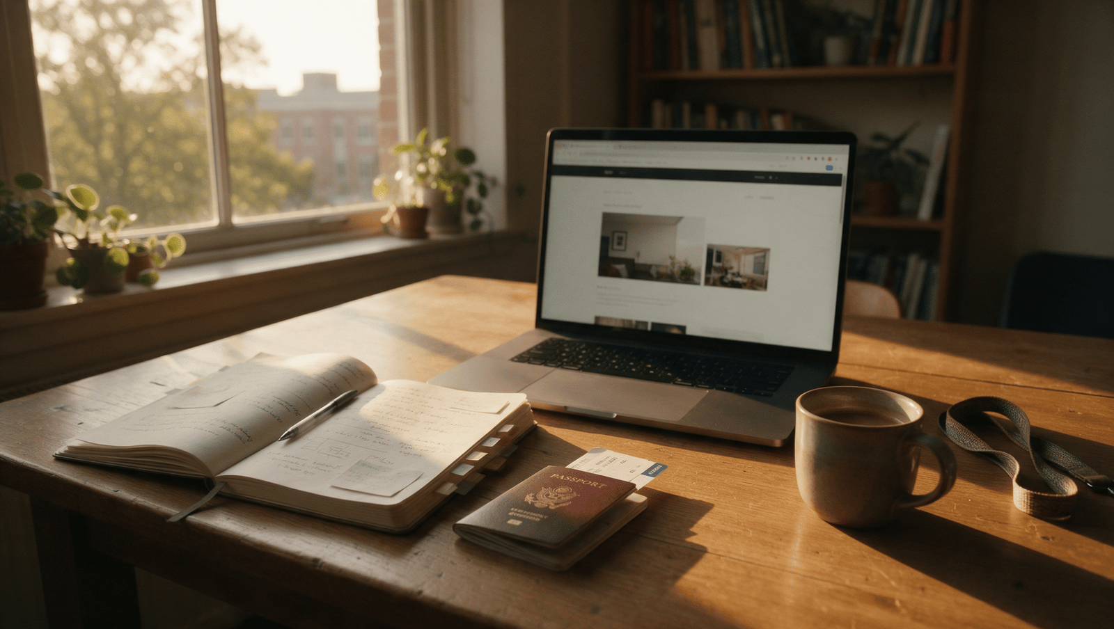 A student's desk with a passport, a notebook of handwritten project notes, and an open laptop showing a simple portfolio page
